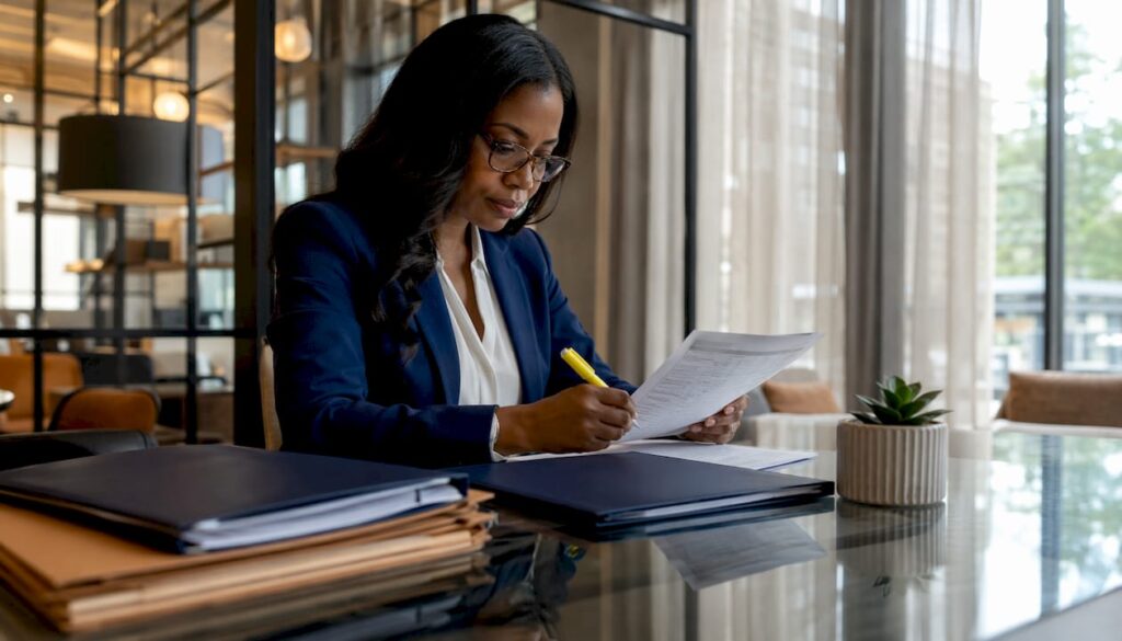 Professional reviewing commercial lease abstract