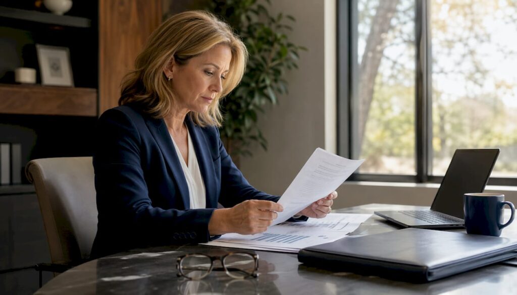 Investor reviewing estoppel certificate in office