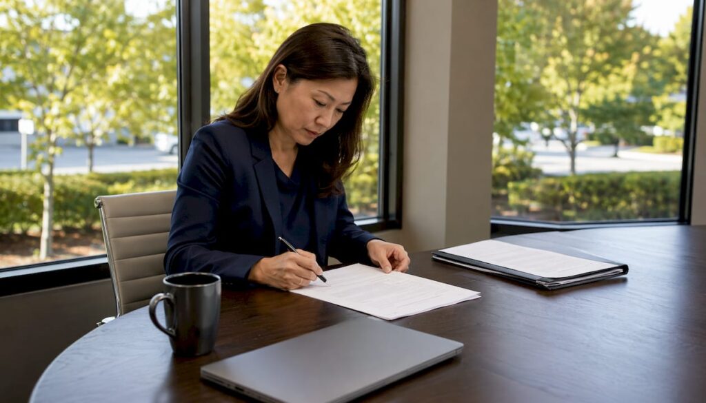 Agent reviewing triple net lease document in office