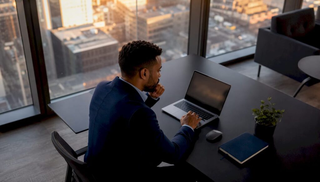 Broker analyzing real estate listings in modern office