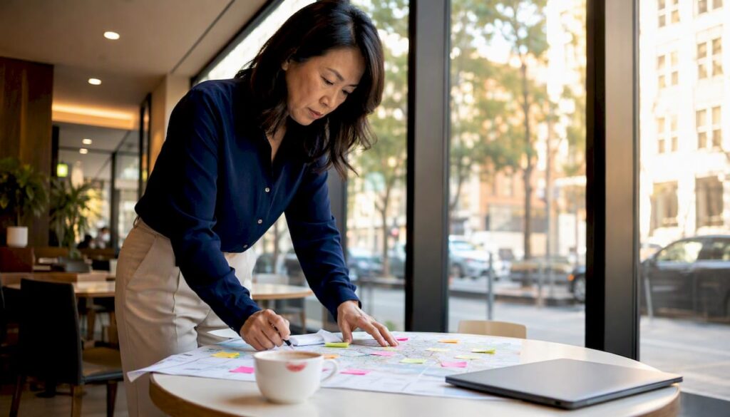 Woman analyzing retail site map in conference room