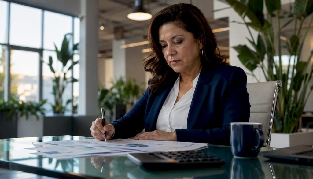 Property manager reviewing budget documents at desk
