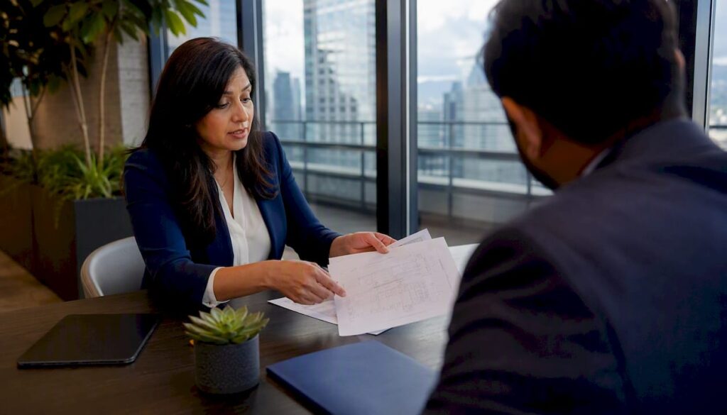 Real estate agent reviewing lease documents with client
