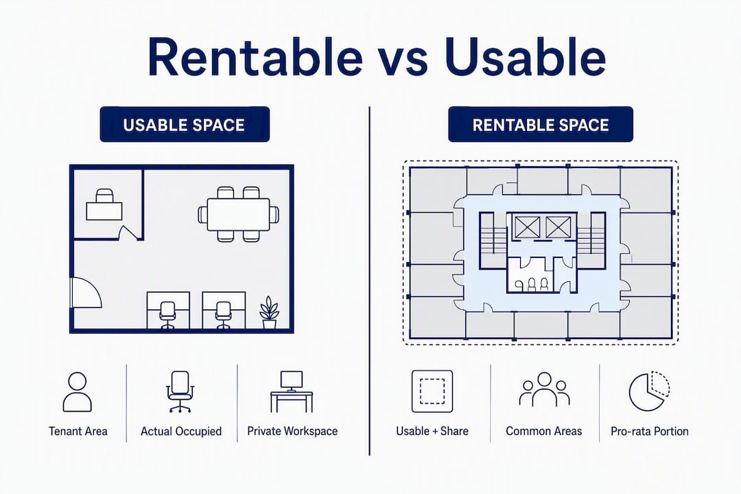 Infographic comparing rentable versus usable square footage