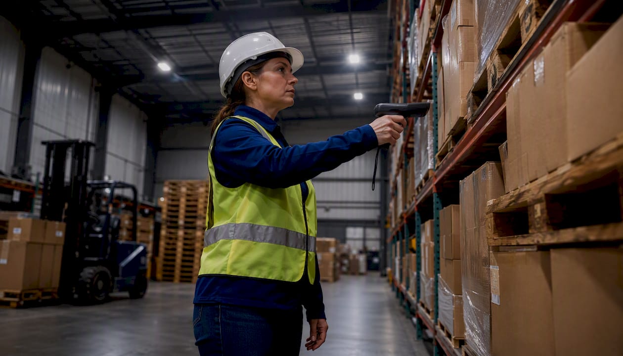 Logistics manager scanning warehouse inventory shelves