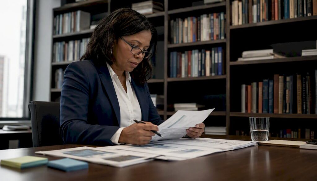 Analyst reviewing medical office cap rate documents