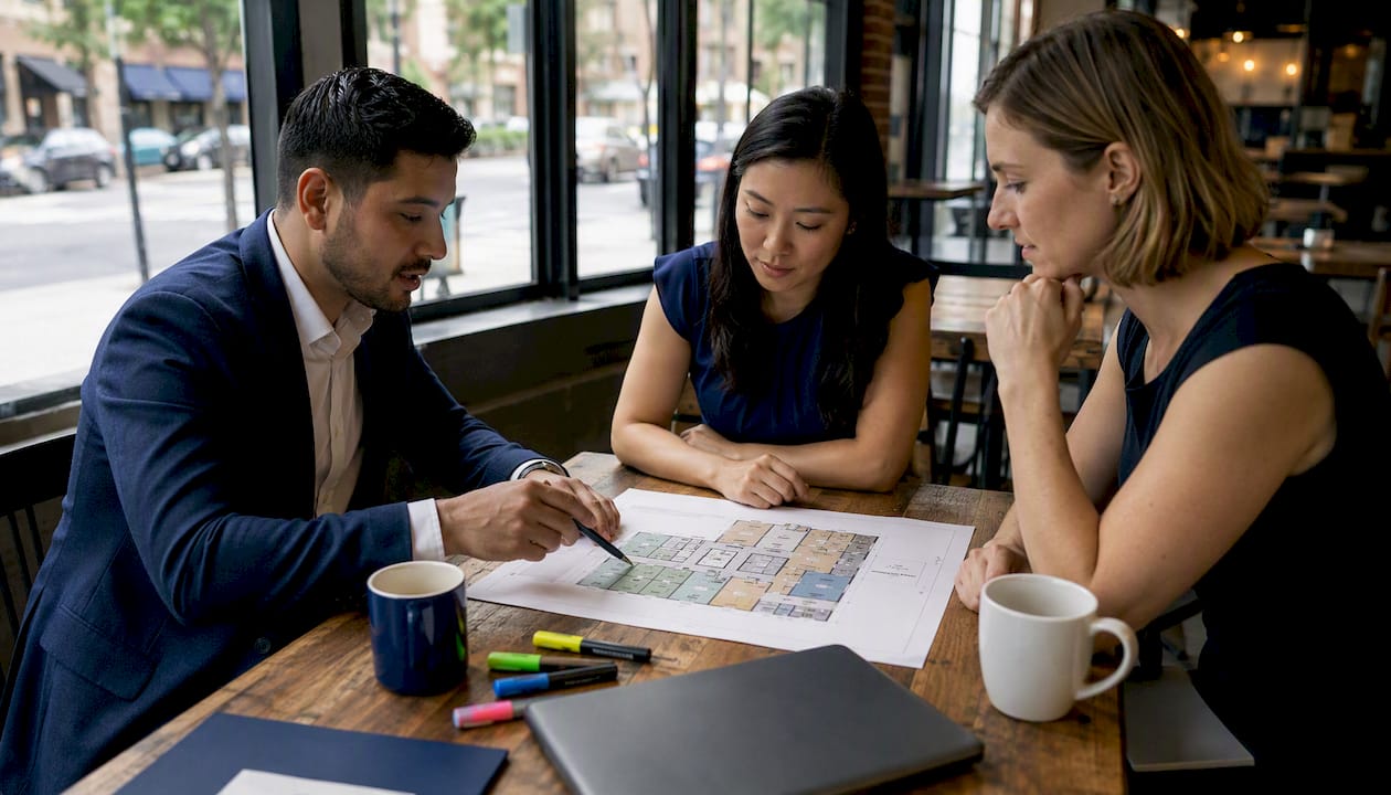 Team discussing medical office property types