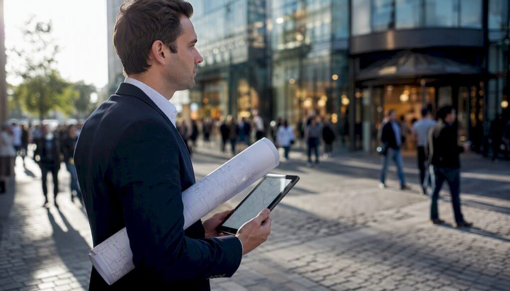 Analyst reviewing retail site map outside building