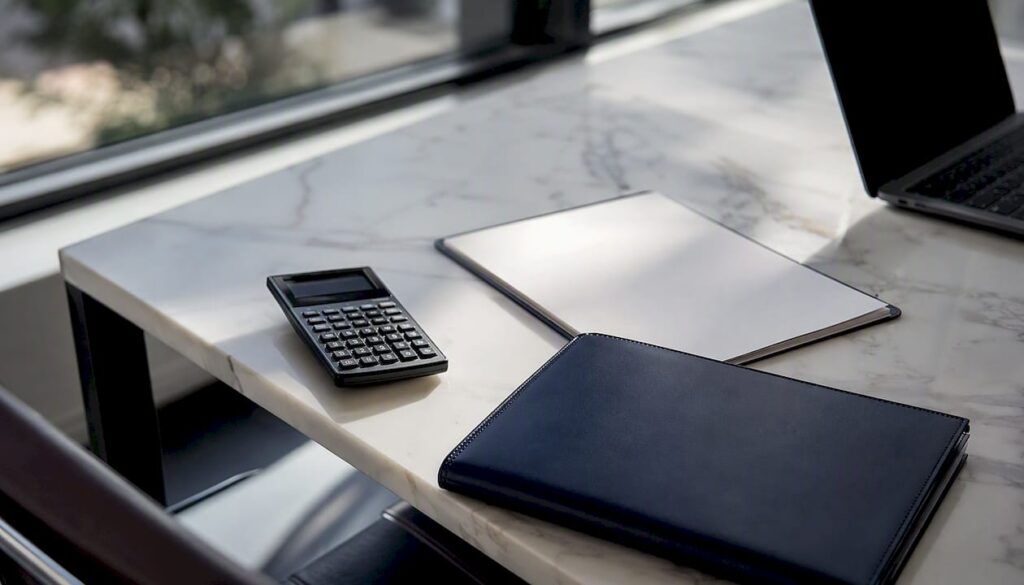 Calculator and commercial real estate papers on desk