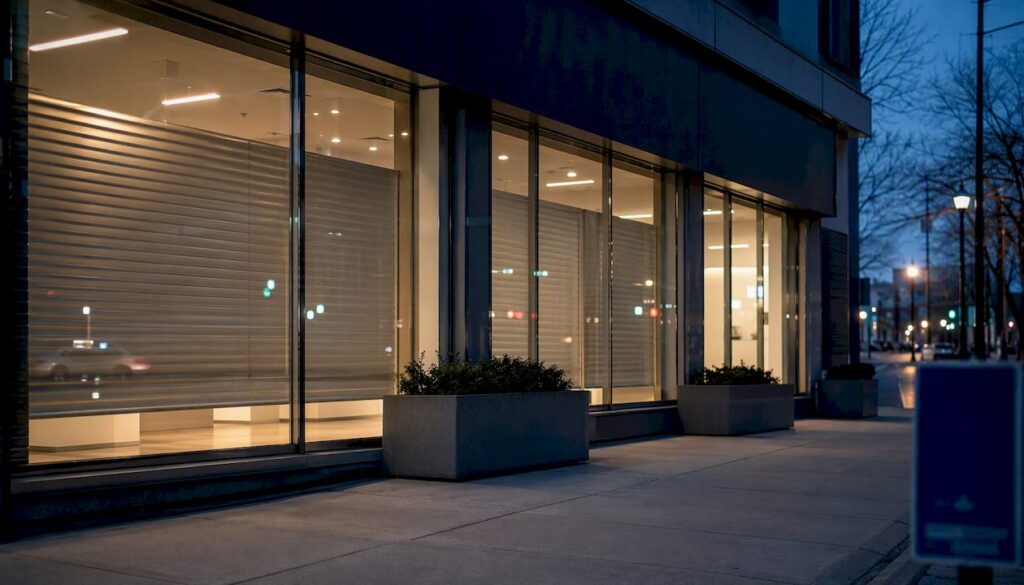 Dark retail storefront with closed windows
