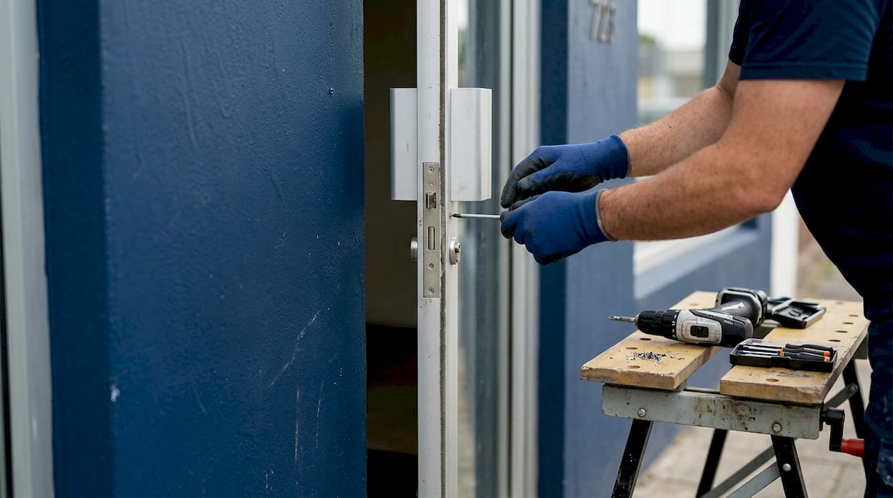 Hands tightening lock on retail door