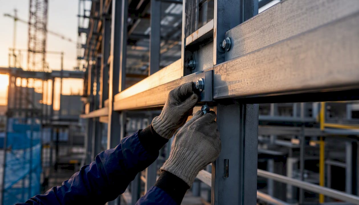Construction worker tightening steel on building frame