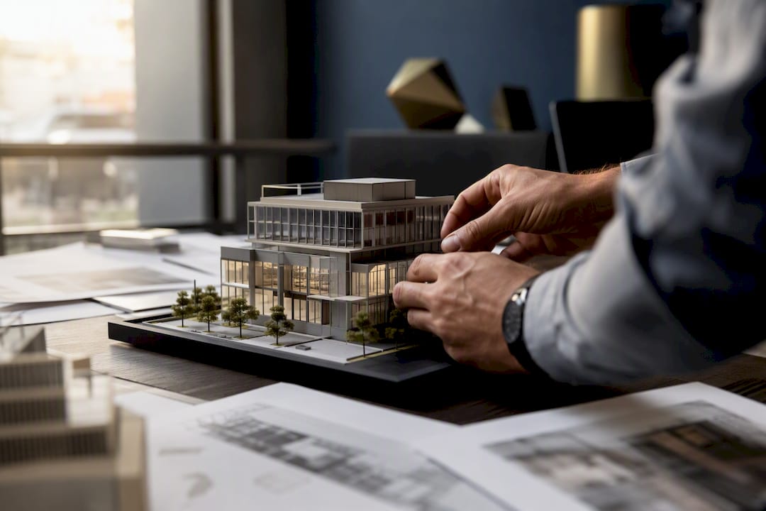 Hands adjusting commercial building model