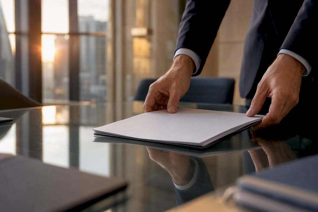 Close-up hands placing lease contract on table