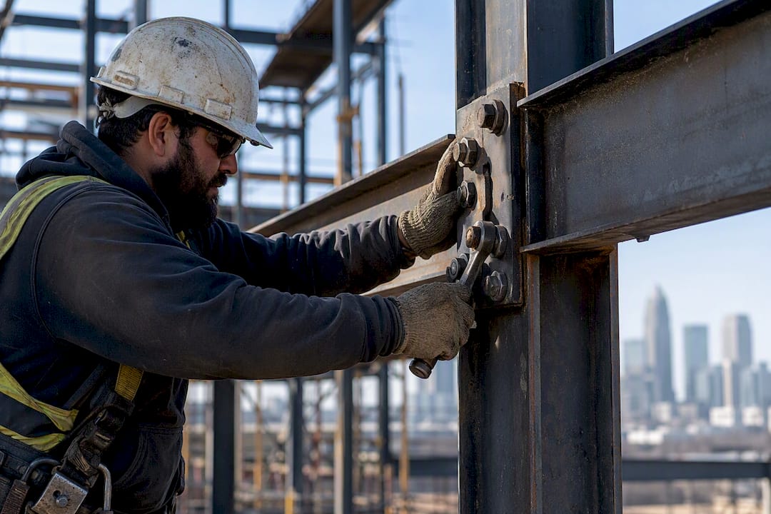 Worker tightening steel bolts at construction site