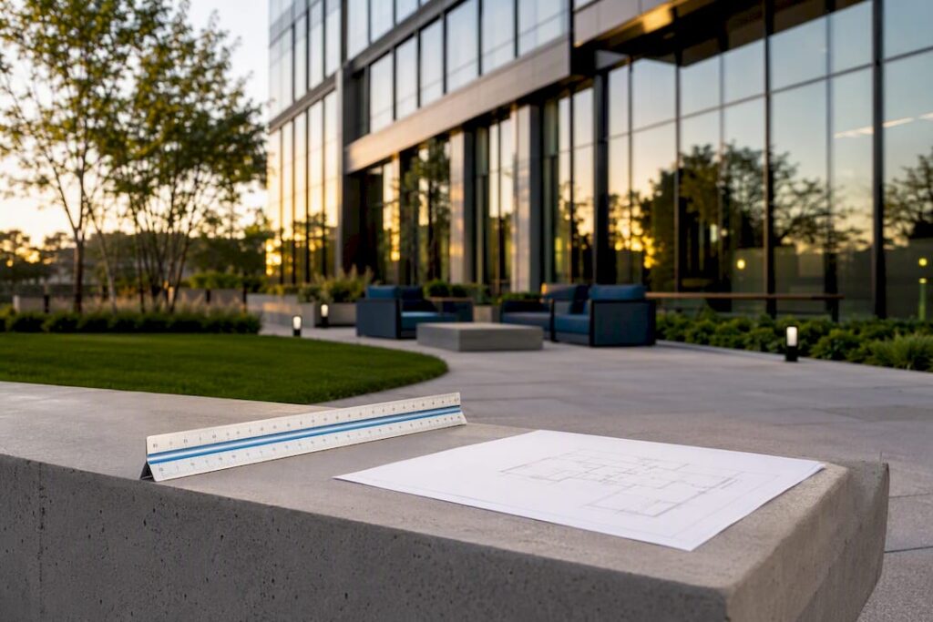 Office building exterior with architectural plans and measuring tools