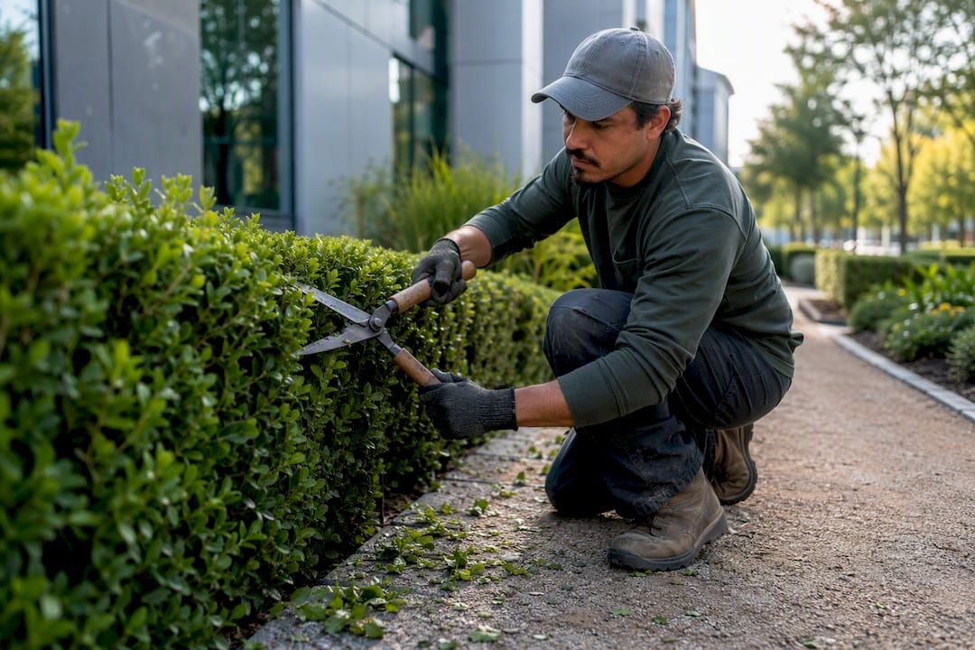 Groundskeeper trimming commercial landscaping