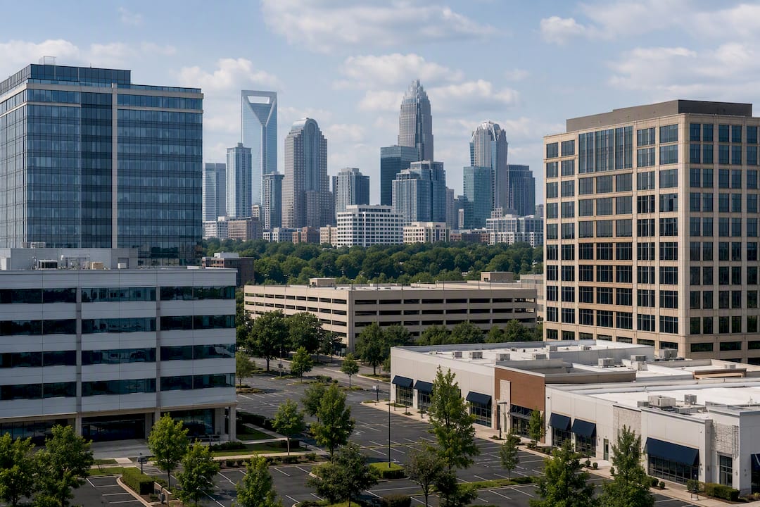 Group of commercial office buildings of varying classes