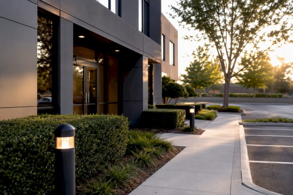 Commercial building shared entrance and parking lot