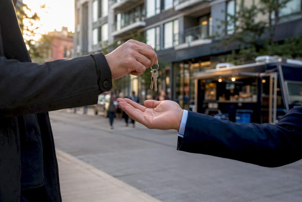 Hands exchanging keys in front of office building