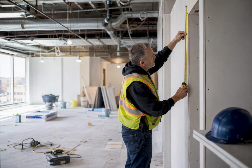 Foreman measuring drywall on construction site