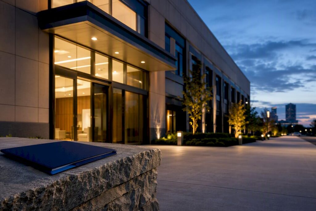 Modern commercial building at blue hour