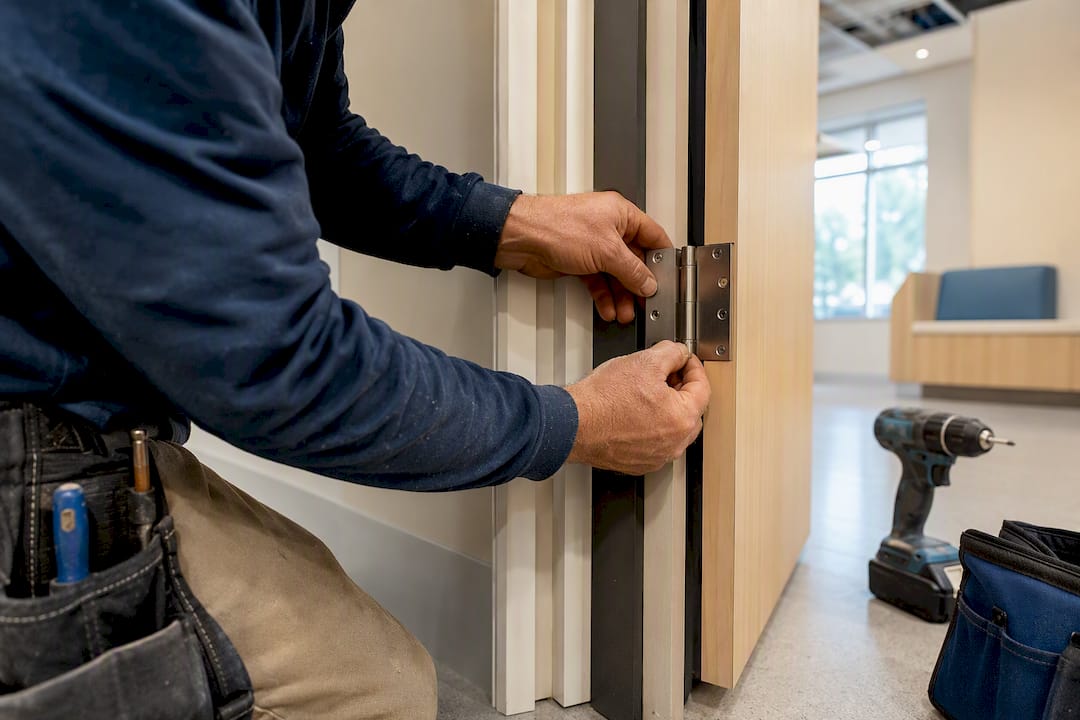 Contractor installing hardware in medical office