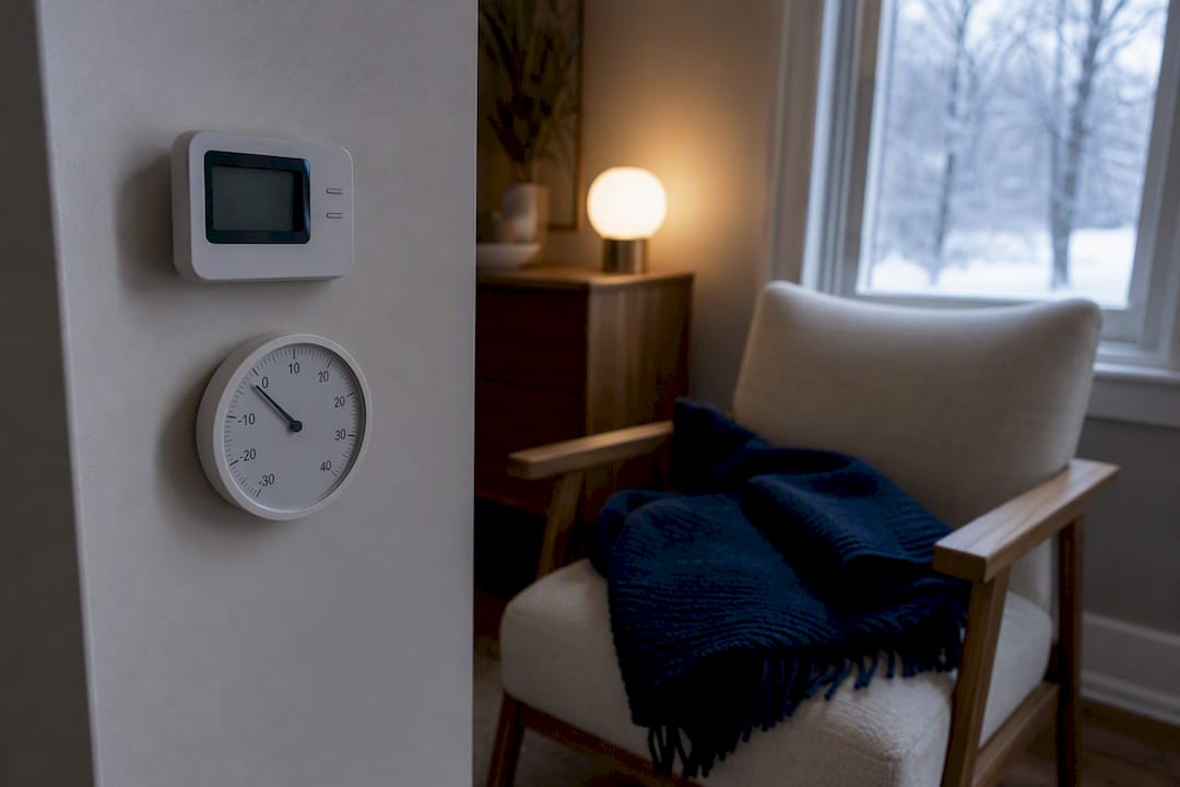 Cold residential room with thermostat and thermometer
