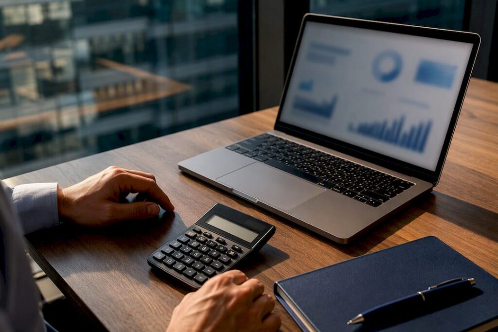 Underwriting workstation beside anonymous commercial property reflection