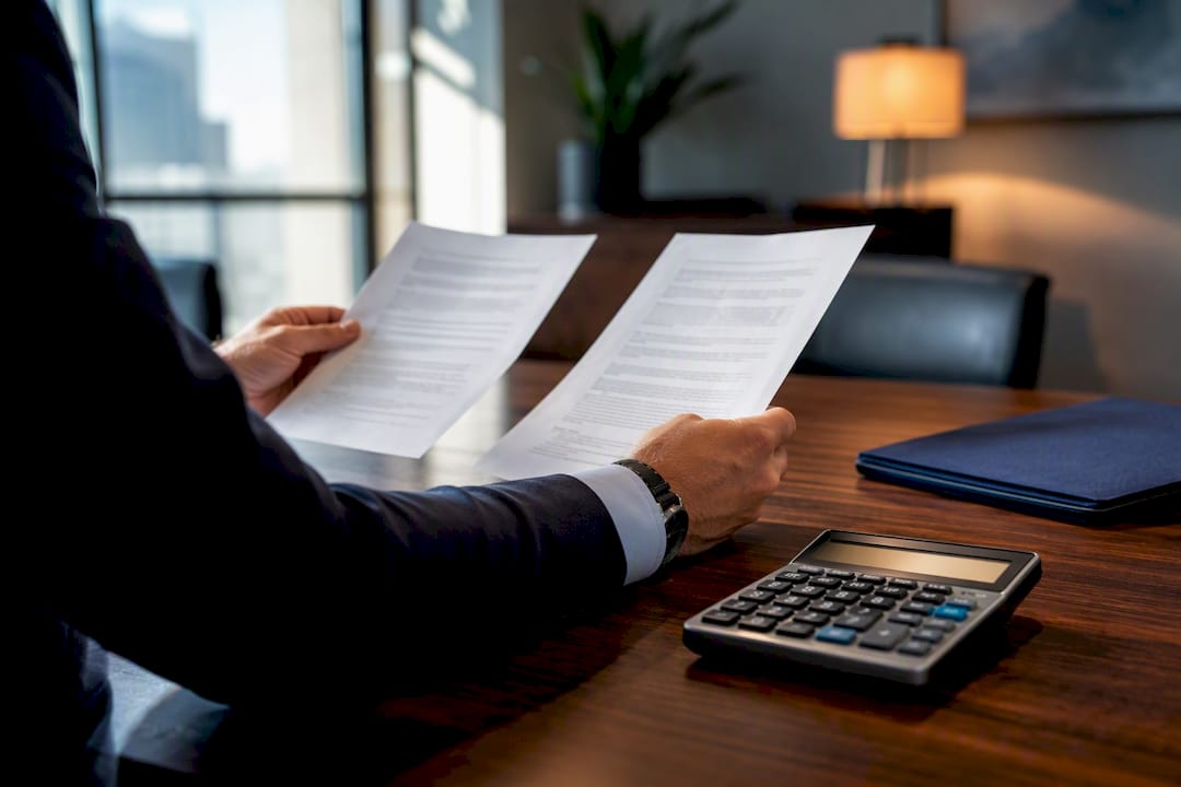 Advisor reviewing commercial rent adjustment documents