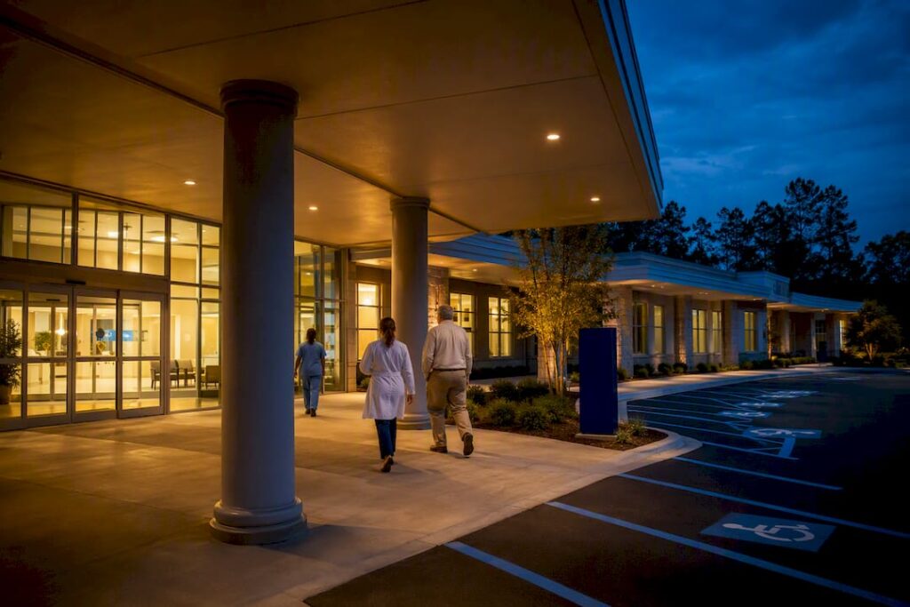 Suburban outpatient medical office campus at dusk