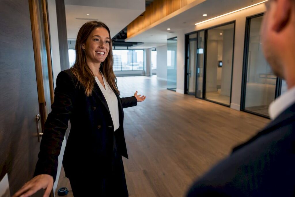 Leasing advisor touring finished commercial suite