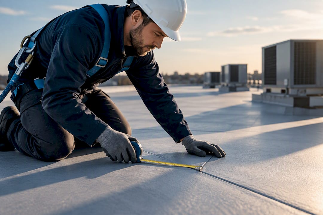 Contractor assessing commercial roof condition