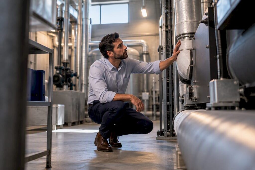Property manager inspecting commercial building systems