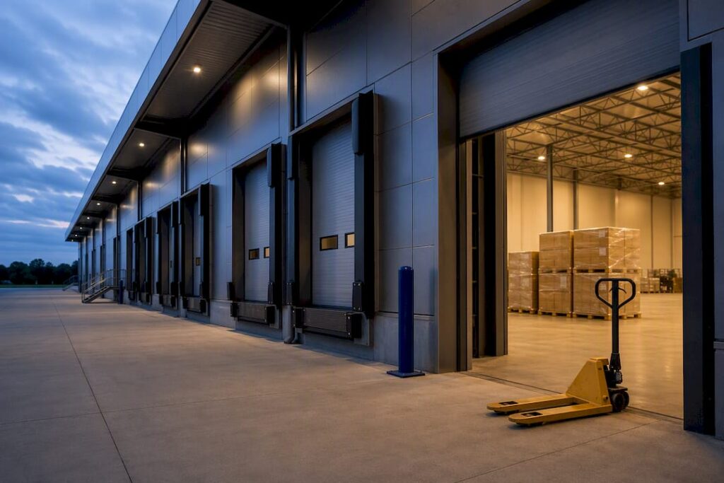 Industrial warehouse loading docks at dusk