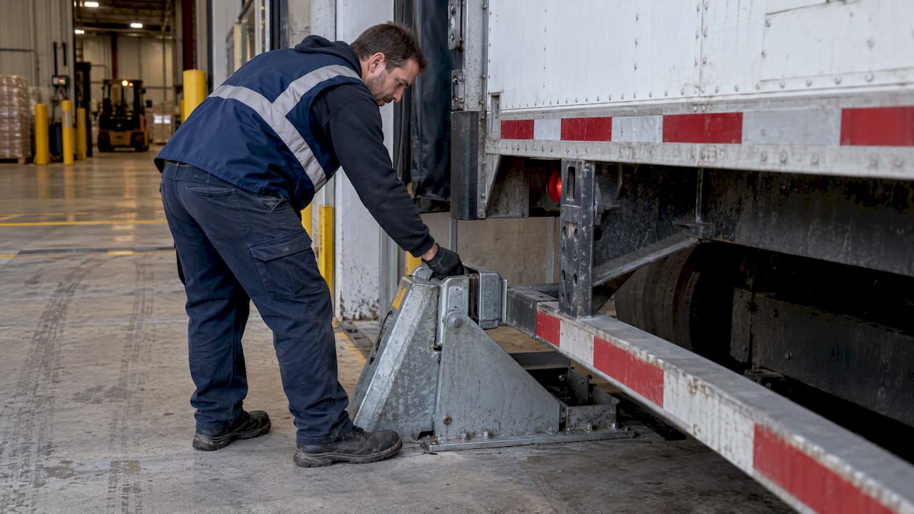 Worker inspecting engaged trailer vehicle restraint