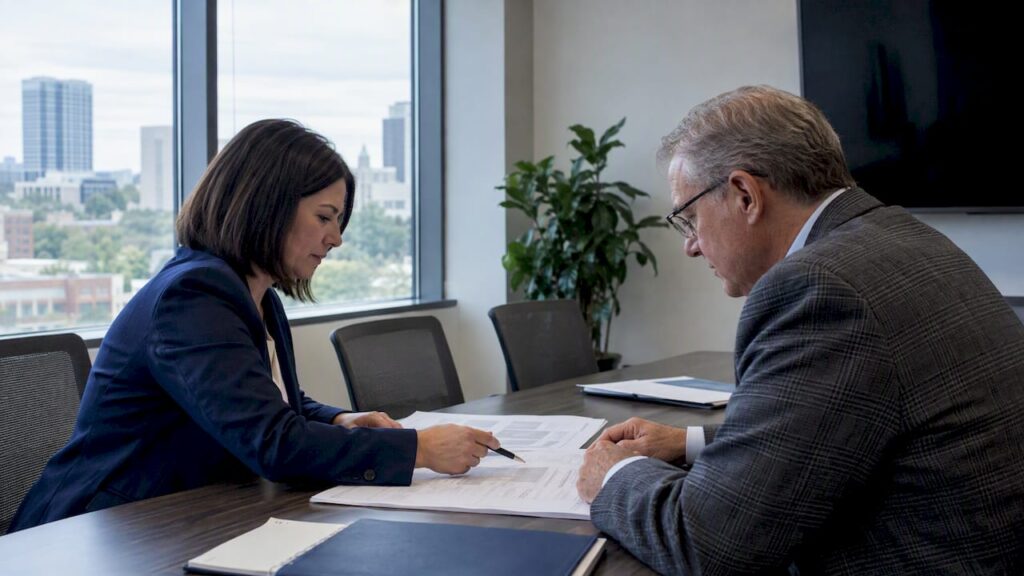 Tenant and landlord reviewing lease expenses