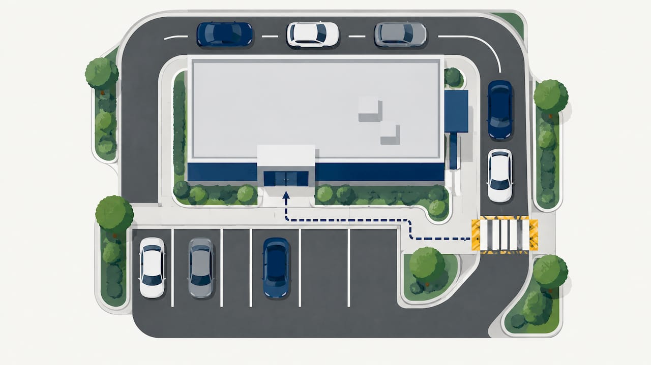 Site layout separating pedestrians from drive-thru traffic