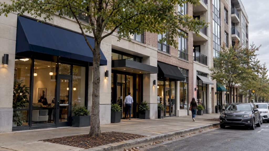 Mixed-use property with retail and office entrances