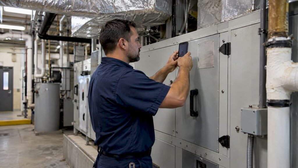 Technician documenting commercial HVAC equipment condition