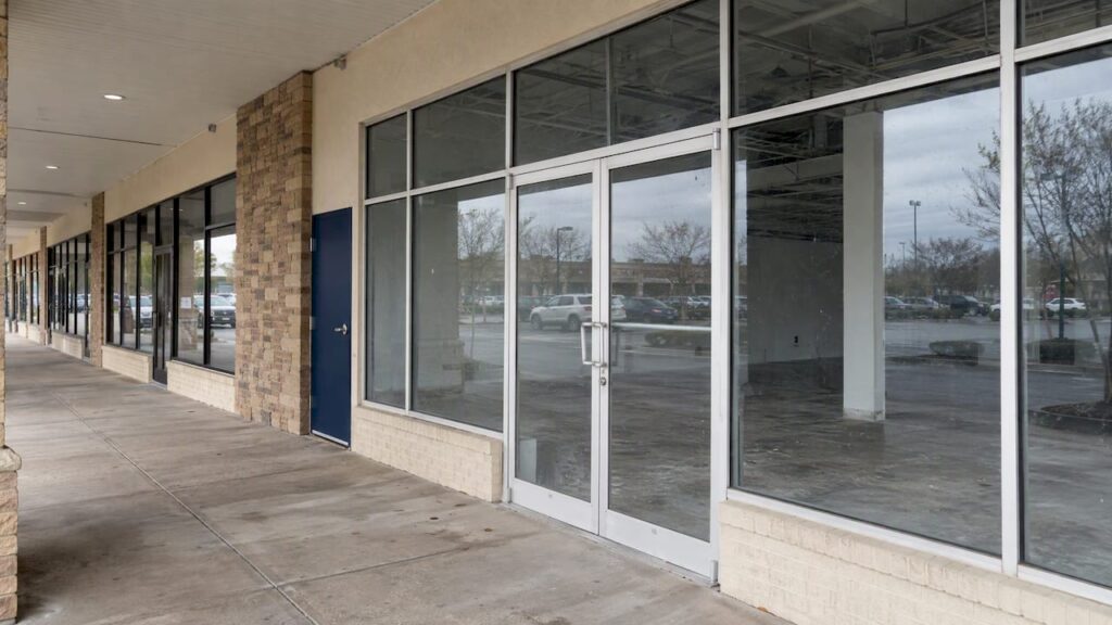 Large retail bay beside smaller storefronts
