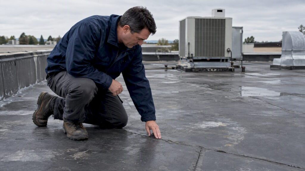 Assessor inspecting a commercial building roof