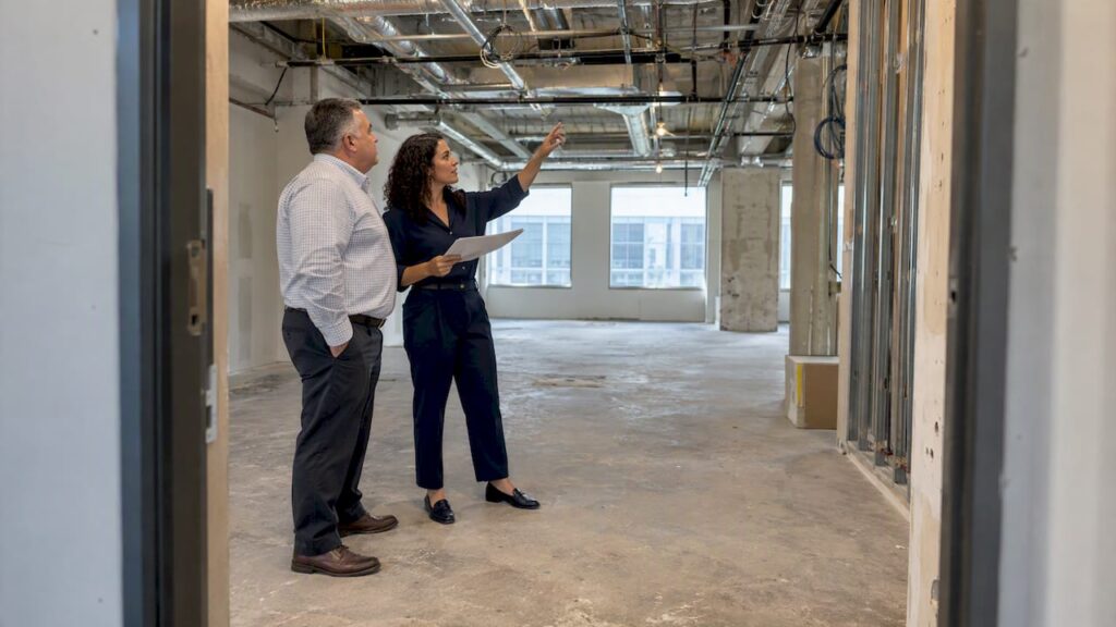 Tenant and landlord reviewing unfinished office space