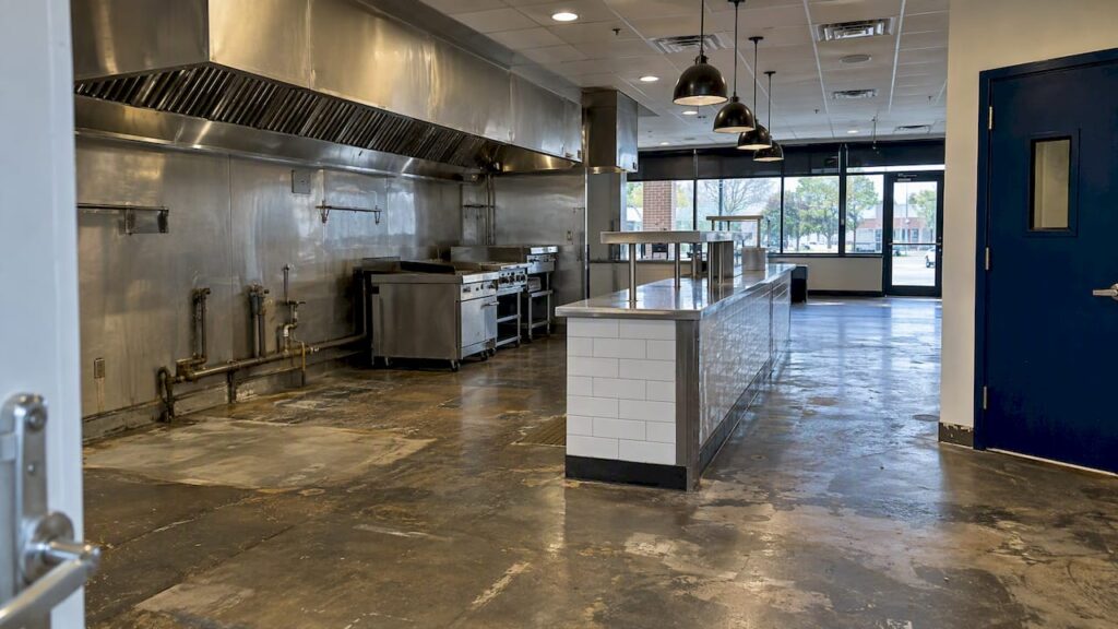 Vacant Charlotte restaurant suite with existing kitchen